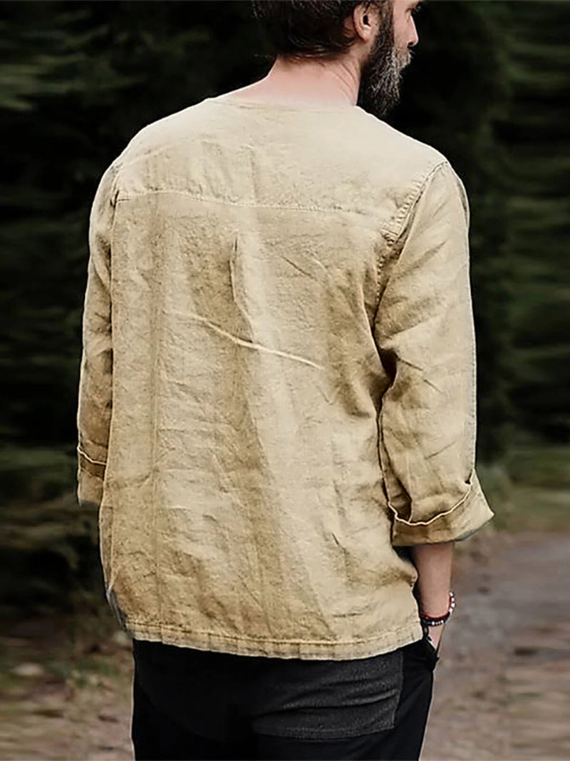 Mens Solid Lace-Up Neck 100%Cotton Long Sleeve T-Shirt