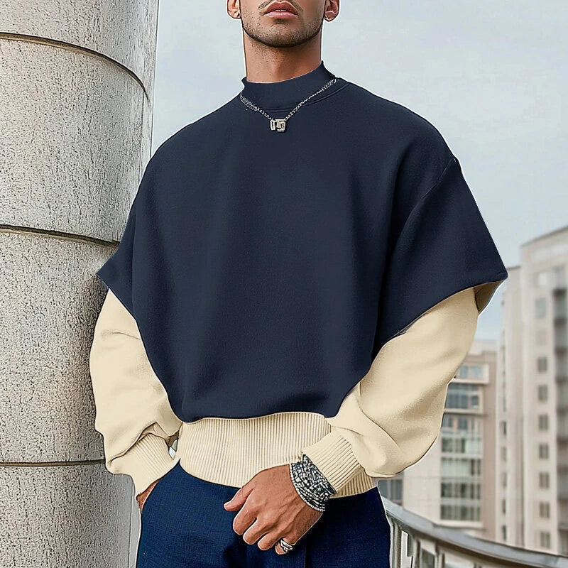 INCERUN Mens False Two-Piece Patchwork Long-Sleeve Pullover Hoodies Comfy Crew Neck Top for Male