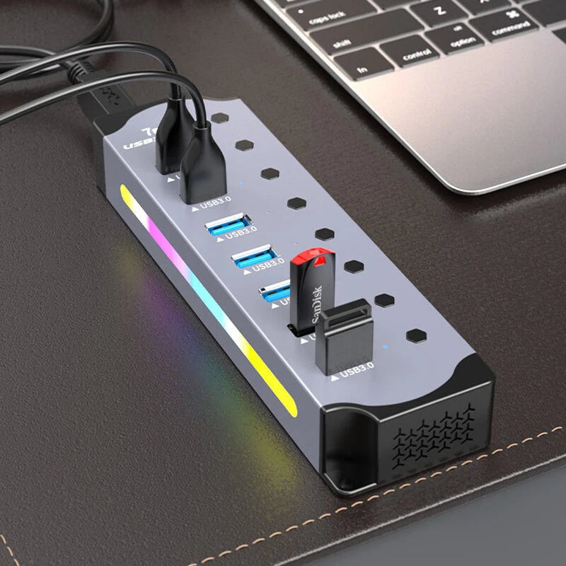 7-in-1 RGB USB 3.0 Hub Docking Station with Independent Switch Multi-ports USB Adapter with 5Gbps USB3.0*7 for PC Laptop Computer Plug and Play