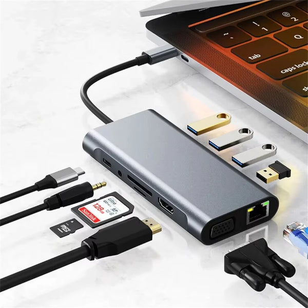 Bakeey USB-C 11 in 1 Docking Station with 4K@30Hz 1080P VGA 100W PD Charging RJ45 100M SD/TF Card Reader 3.5mm Audio USB Hub