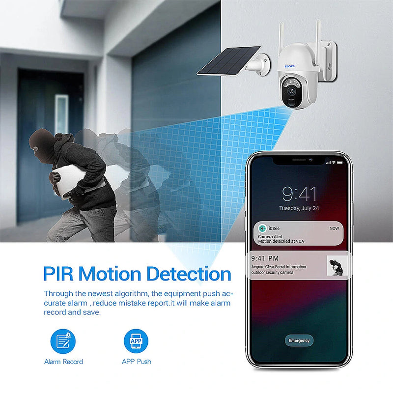 ESCAM QF103 3MP WiFi IP Camera Wireless PTZ Solar Panel Battery Cam Intelligent Night Vision Human Detection Two-way Audio IP66 Waterproof PIR Alarm Camera for Home Safety