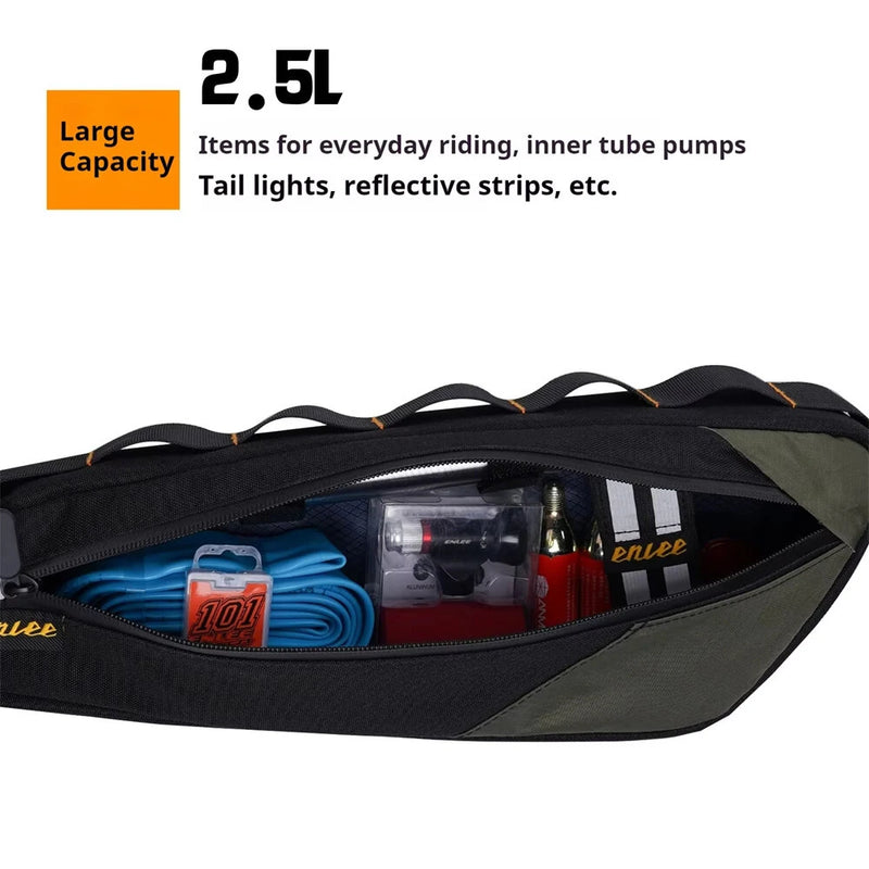ENLEE 2.5L Bicycle Inner Tube Bag Waterproof Side Zipper Night Reflective Strip Narrow Edge Bike Triangle Front Beam Frame Bag