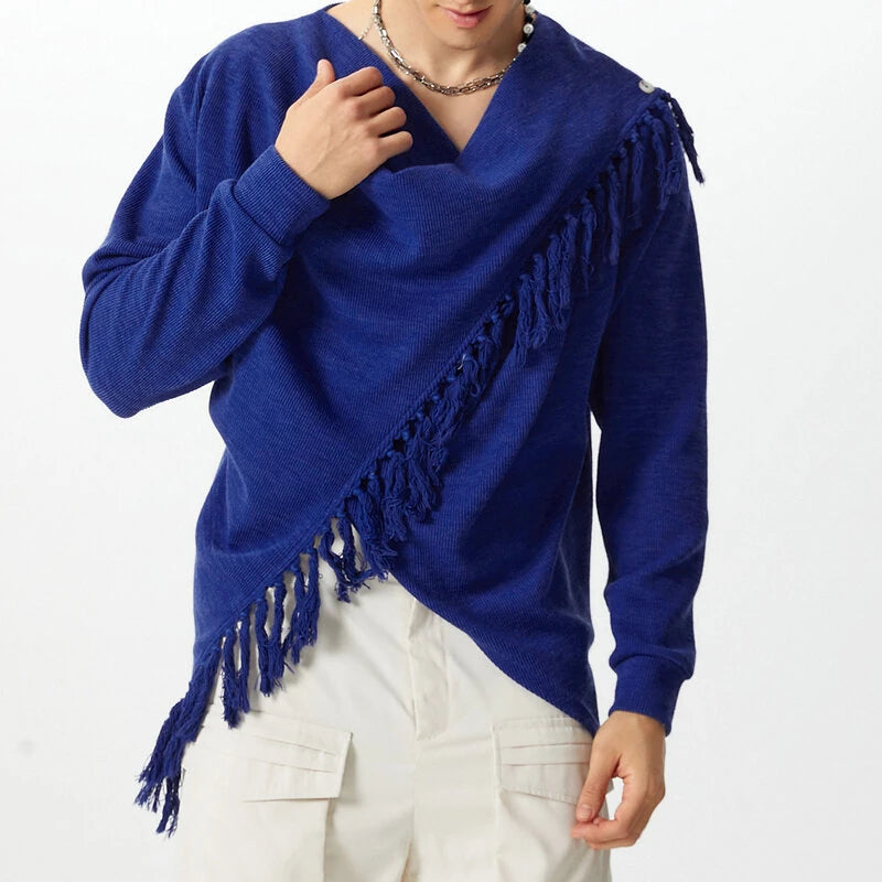 INCERUN Mens Knitted Fringe Cowl Neck Long Sleeve Cardigan Solid Color Fashion Tops for Male S-5XL