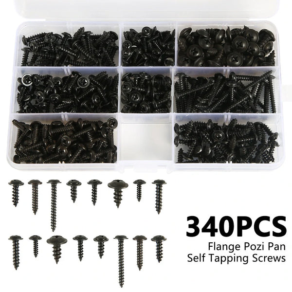 340Pcs Pan Head Tapping Screw Cross Head M3/M3.5/M4/M4.8 Self Tapping Screw Set Assortment Kit Black Furniture Carbon Steel