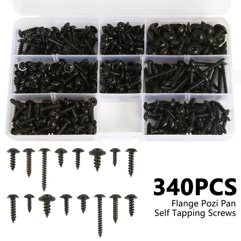 340Pcs Pan Head Tapping Screw Cross Head M3/M3.5/M4/M4.8 Self Tapping Screw Set Assortment Kit Black Furniture Carbon Steel