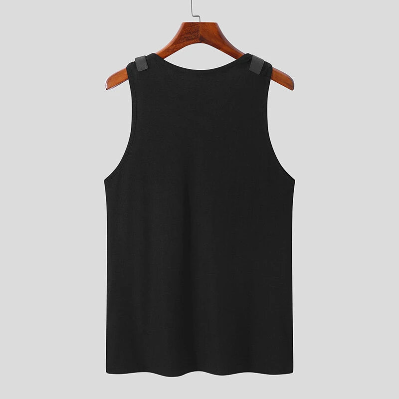 INCERUN Mens Tank Top Fashion Leather Shoulder Strap Design Solid Color Knitted Vest Summer Sleeveless Men's Undershirts