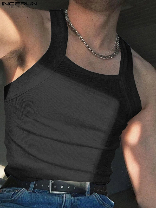 INCERUN Mens High Elastic Solid Color Casual Tank Top