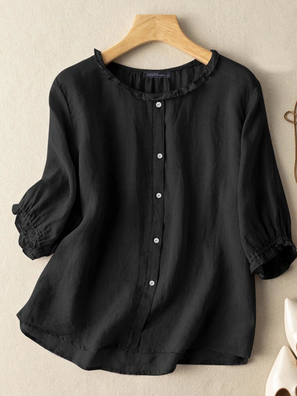 ZANZEA Lettuce Edge Crew Neck Solid Button 3/4 Sleeve Blouse