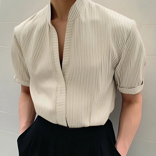 INCERUN Mens Shirt Striped Stand Collar Short Sleeve Top Shirts Summer Daily Casual Male Clothing Solid Color Shirts