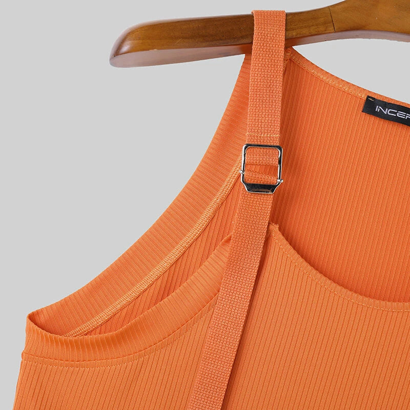INCERUN Men Adjustable Shoulder Strap Tank Top Summer Knitted Solid Color Sleeveless Mens Vest Daily Male Clothing Tops