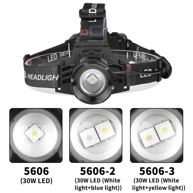 XHP70 30W LED White Blue Yellow Light USB Rechargeable Headlamp Ultra Light Bright LED Headlight Portable Front Head Light Fishing Flashlight with 18650 Battery