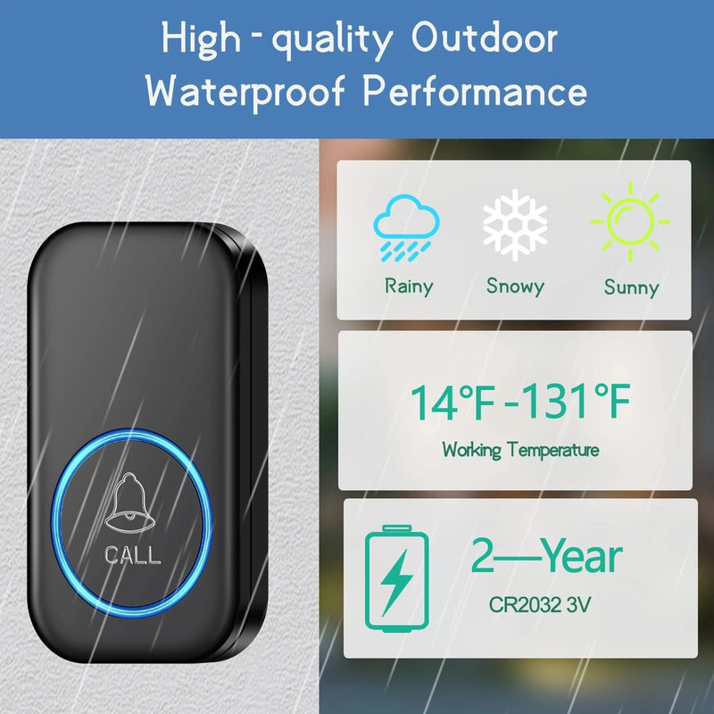 Wireless Doorbell IP44 Waterproof Smart Home Welcome Door Bell 300M Range 60 Ringtones 5-level Volume Adjustable Intelligent Home Chime Bell Kit EU Plug
