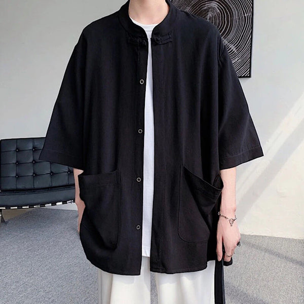 INCERUN Men Cotton Linen Half Sleeve Shirt Solid Color Comfy Loose Fit Casual Stand Collar Top for Men Plus Size Spring Fall