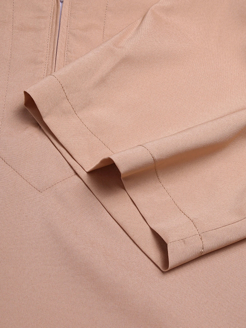 Men Solid  Front Zipper Round Neck Short Sleeve Casual Robe Shirts