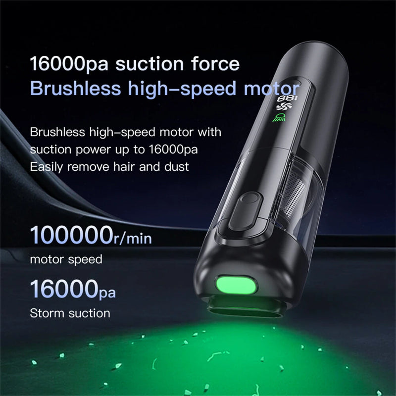 Tevorex Cordless Handheld Car Vacuum with Green Light,16000PA Suction,USB Rechargeable, Brushless Motor, Digital Display, Blow & Suction