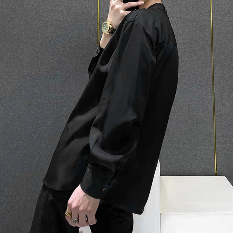 INCERUN Mens Tie Design Long Sleeve Shirt Casual Solid Color Fashion Design Men Top Loose Fit