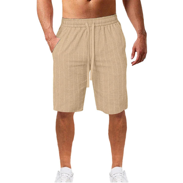 Men's Quick Dry Cotton Linen Shorts Summer Breathable Stripe Casual Gym Running Cargo Pocket Beach Five-point Pants Lightweight Comfortable