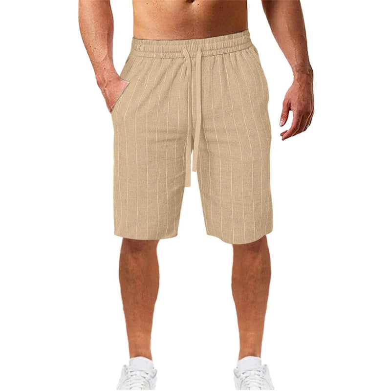 Men's Quick Dry Cotton Linen Shorts Summer Breathable Stripe Casual Gym Running Cargo Pocket Beach Five-point Pants Lightweight Comfortable