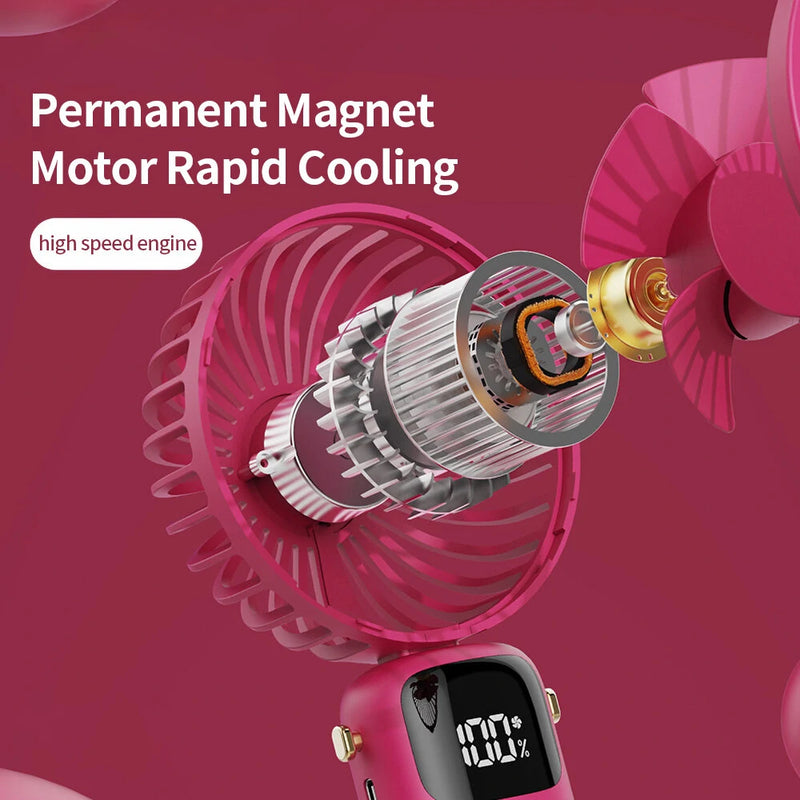 USB Mini Silent Handheld Folding Fan Digital Display 6 Speed Of Wind With Portable Stand Small Fan