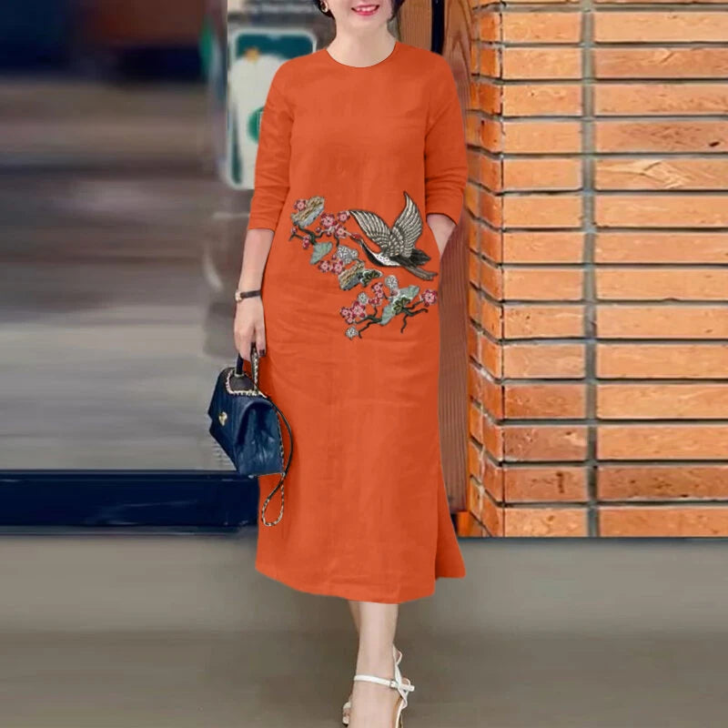 ZANZEA Women's Dresses Vintage Casual 3/4 Sleeve Round Neck Dress Floral Embroidery Split Shift Dresses