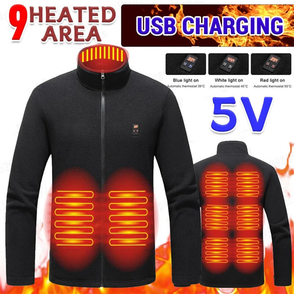 TENGOO HP-09 9 Heated Area Jacket USB Charging 3 Gear Adjustable Temperature with Digital Display Windproof Fleece Heated Jacket Winter Coat for Outdoor Sports