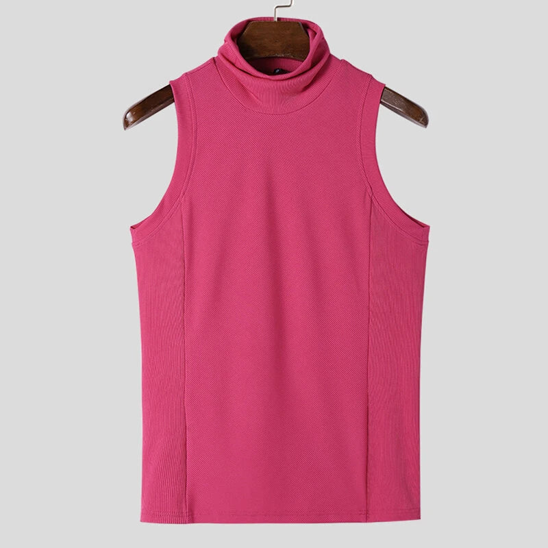 INCERUN Mens Tank Tops Fashion-forward Males Solid Color Knitted High-necked Vest Summer Comfy Sleeveless Men's Top Clothing