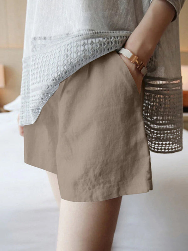 Solid Pocket Ruched Cotton Casual Shorts