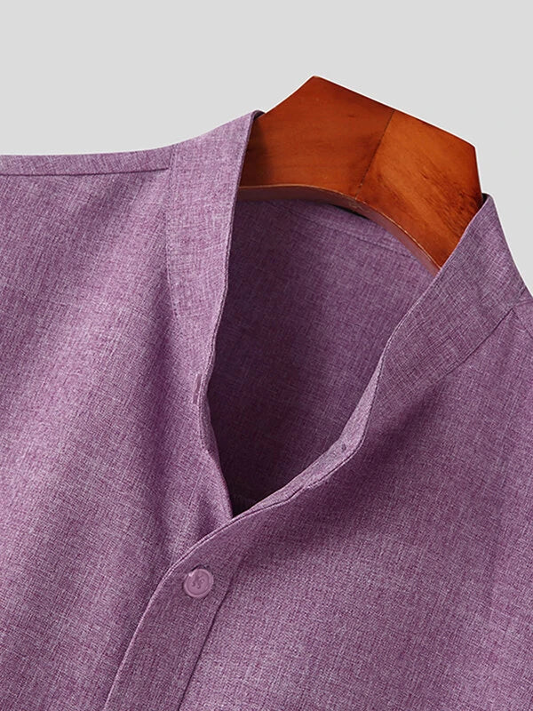 Mens Solid Stand Collar Chest Pocket Short Sleeve Shirt