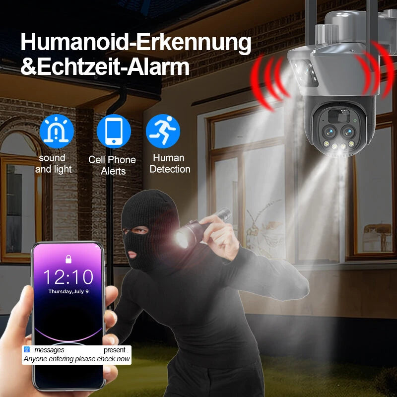 Guudgo 10x Zoom Solar Dual Lens Outdoor Security Camera PTZ Full Color Night Vision Two Way Intercom Human Detection Real Time Alerts CCTV Surveillance Camera