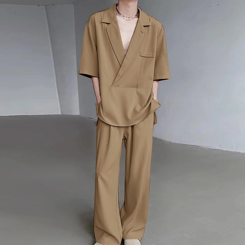 INCERUN Men's Two-piece Outfits, Suit Collar Draped Short Sleeve Shirt + Pant, Casual Comfy Loose Suits For Summer