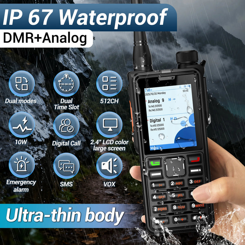 ABBREE AR-880 10W DMR Dual Time Slot Digital Walkie Talkie High Power 512 Channels 2.4 Inch Color Screen VHF UHF IP67 Waterproof Amateur Two Way Radio