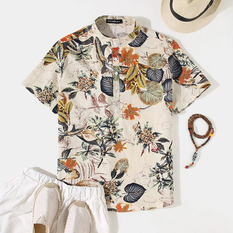 INCERUN Mens Shirts Hawaiian Short Sleeve Shirts Summer Holiday Beach Men Shirt Tropical Leaves Print Henley Shirts