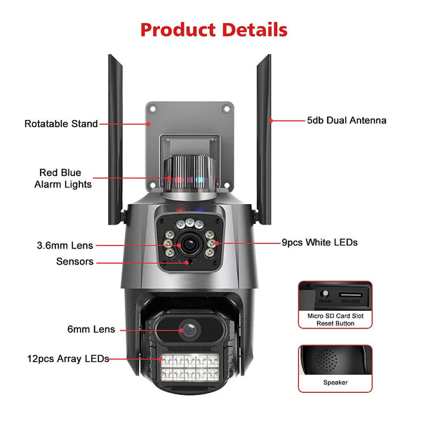 3MP+3MP Dual Lens Wifi Camera Outdoor Dual-Screen AI Auto Tracking PTZ IR Color Night Vision Onvif 2-Way Audio Surveillance Camera iCSee