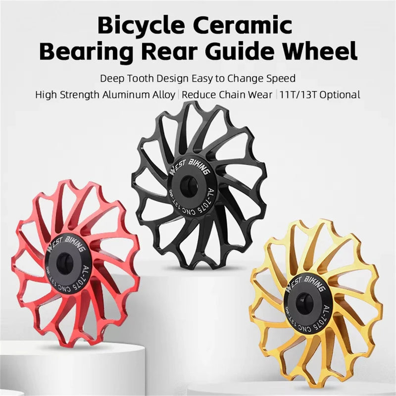 WEST BIKING 3/5 CM Mountain Bicycle Ceramic Rear Dial Guide Wheel 11T 13T Tooth Derailleur Aluminum Alloy Perrin Bearing Tension Wheel