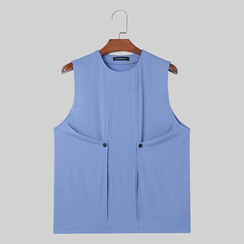 INCERUN Men's Clothing 2 Piece Set Knit Ribbed Round Neck Vest & Trousers Casual Solid Color Set for Daily Wear