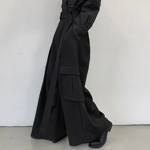 INCERUN Men Casual Black Pants Loose Joggers Solid Color Loose Wide Leg Overalls Trousers with Side Pocket Streetwear Casual Pantalones