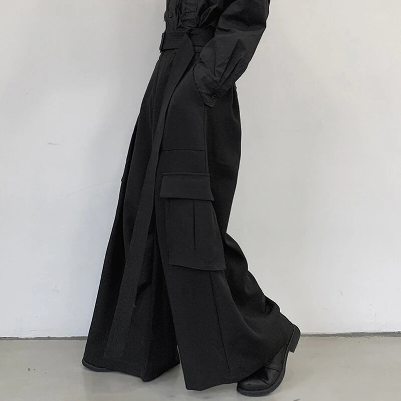 INCERUN Men Casual Black Pants Loose Joggers Solid Color Loose Wide Leg Overalls Trousers with Side Pocket Streetwear Casual Pantalones