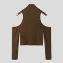 INCERUN Mens T-shirt Fashion Scooped Long Sleeve Black Tshirt Summer Party Solid Color Design T Shirt Top