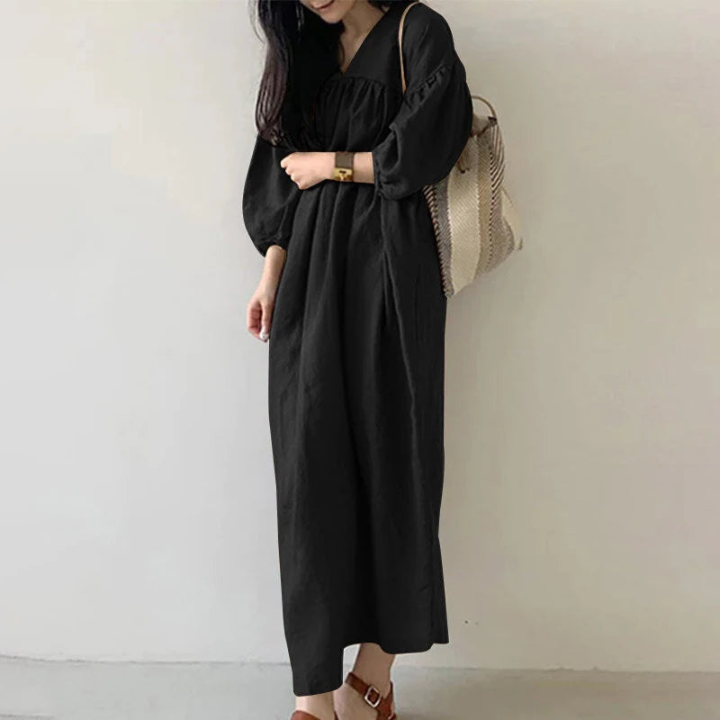 ZANZEA Women Maxi Dresses Solid Color Seven-quarter Length Lantern Sleeves Long Dresses Plus Size Women Dresses