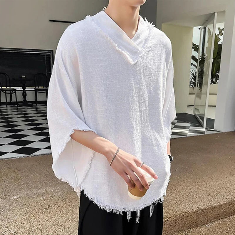 INCERUN Mens Raw Edge High-Low Hem T-Shirt Solid Color Wide Half Sleeve V-neck Tshirt Casual Top for Male S-5XL