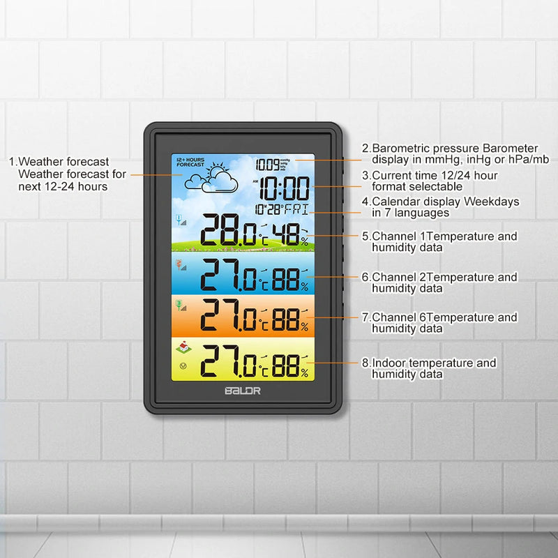 BALDR 3 Sensors Weather Station Wireless Indoor Outdoor Thermometer with Alarm Clock / Calendar / Weather Forecast