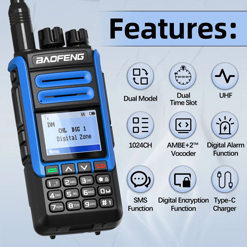 Baofeng DR-1802U Digital Two Way Radio Dual Mode Dual Time Slot 1024 Channels 5W High Power UHF 400-470MHz Type-C Charging Long Range Handheld Walkie Talkie