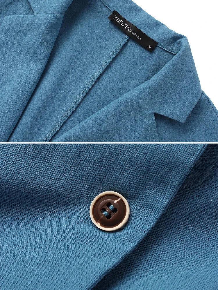 Women 100% Cotton Solid Color Button Front Business Thin All-Match Blazer With Pocket