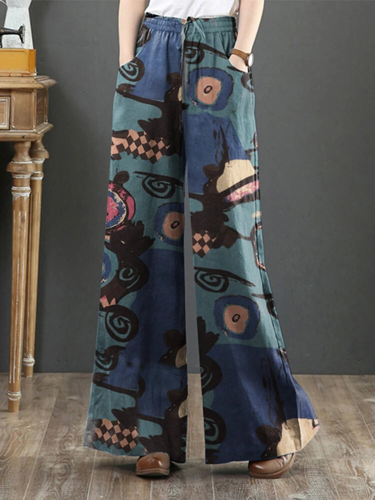 ZANZEA Women Plus Size  Flared Wide-Leg Floral Printed Retro Side Pockets Pants