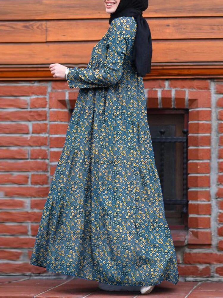ZANZEA Plus Size Women Long Dress Floral Print Tiered Dress O-Neck Casual Maxi Dress With Side Pocket