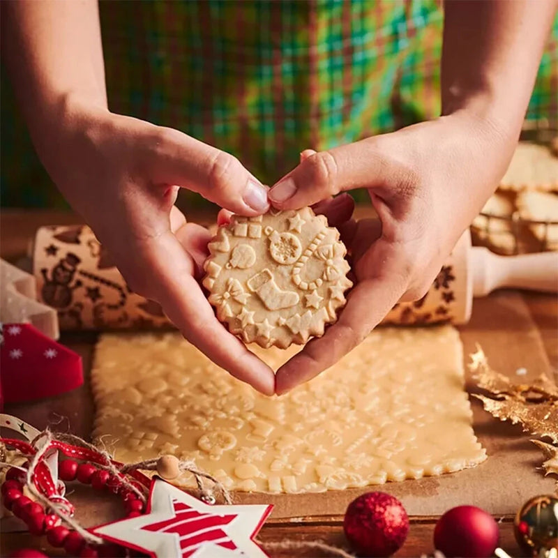35x4.5cm Wooden Embossed Rolling Pin Biscuit Roller Christmas Baking Biscuit Cake Wooden for Pasta Cookie Dough Pastries Bakery Items Pizza