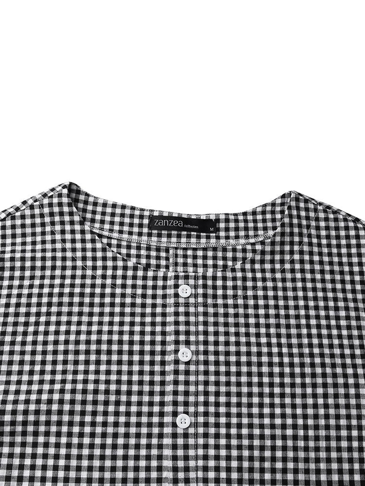 Women Casual Plaid Half Button Front Long Sleeve Maxi Dresses