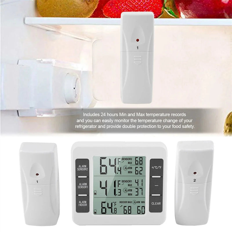 Home Indoor Wireless Digital Audible Alarm Refrigerator Thermometer with 2PCS Sensor Min/Maximum Display