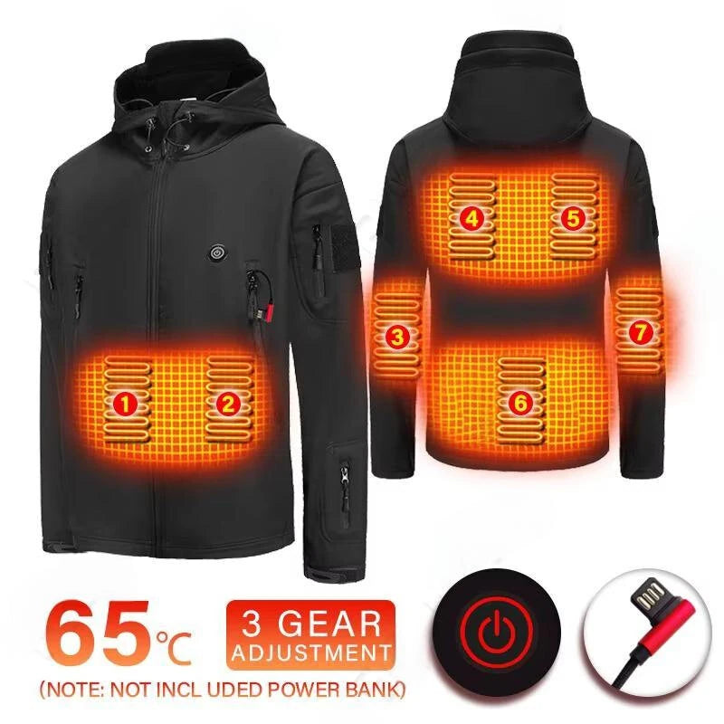 TENGOO HJ-07 7 Heating Areas Coat Jacket Three-speed Temperature Control Heated Windbreaker Thermal High Neck Hooded Coat for Winter Outdoor Sport