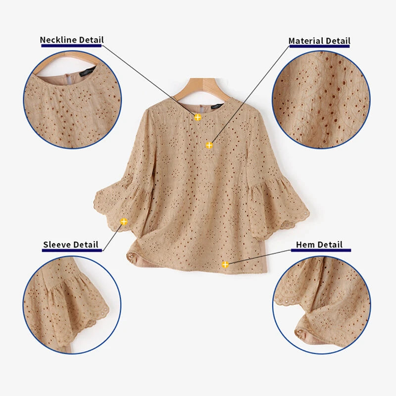 ZANZEA Plus Size Women Floral Lace Splicing Crew Neck Blouse, Elegant 3/4 Loose Petal Sleeve Blouse For Spring & Summer, Women's Clothing S-5XL